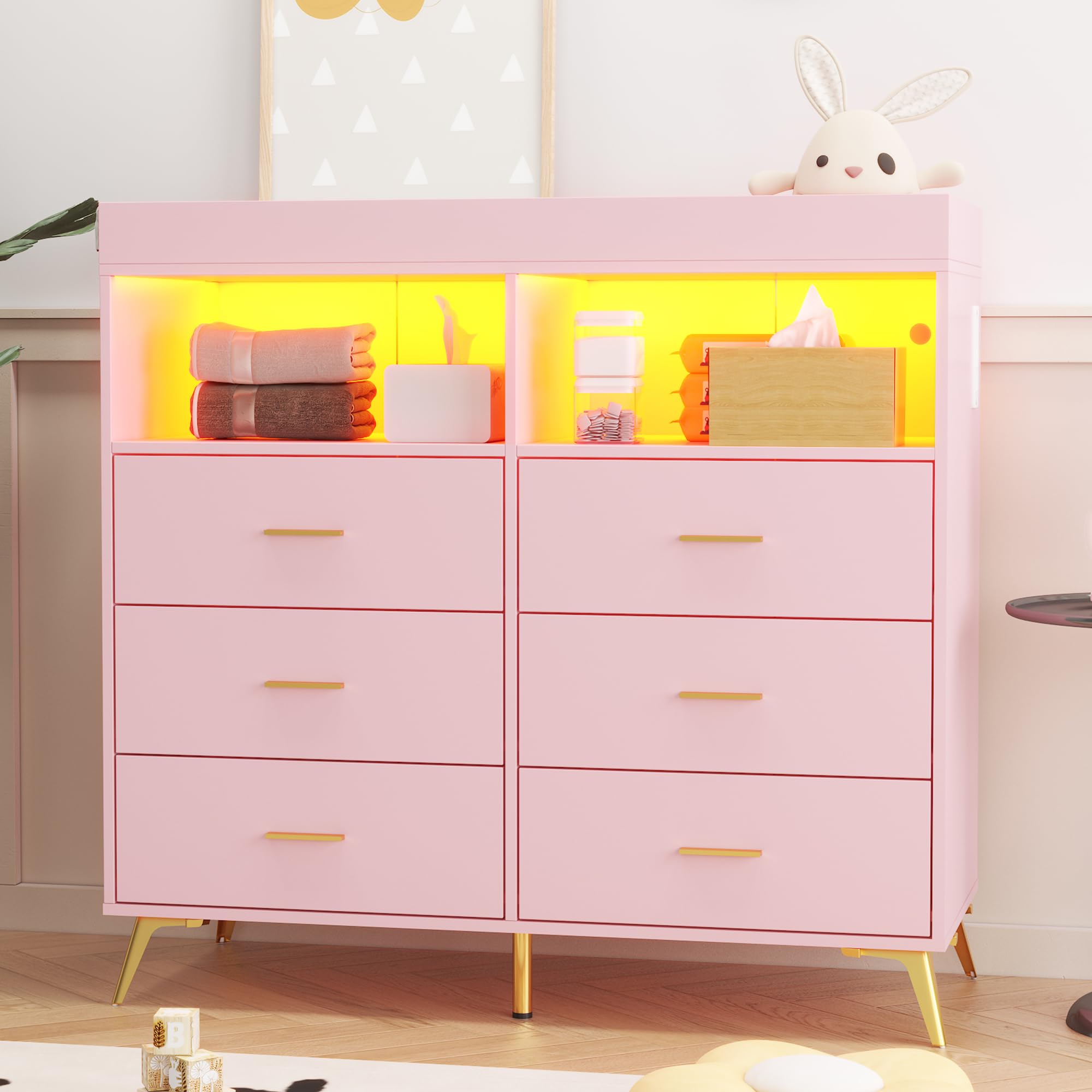 6-Drawer Baby Changing Table Dresser with LED Lights