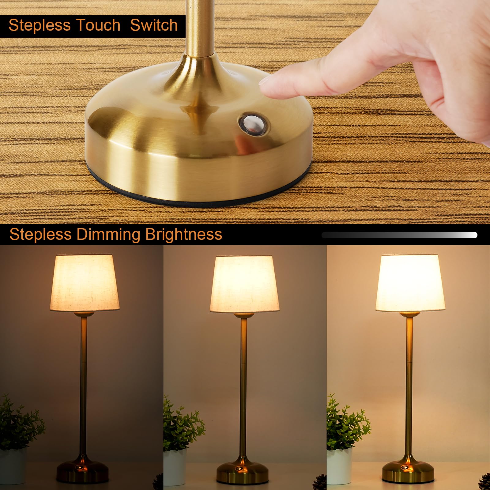 YAYZA! Cordless Table Lamp Adjustable Height Desk lamp, Fabric Shade 7500mAh Rechargeable LED Wireless Touch Night Light Stepless Dimming, 3 Color Temperatures with Edison Bulb (High Gold - 1 Pack)