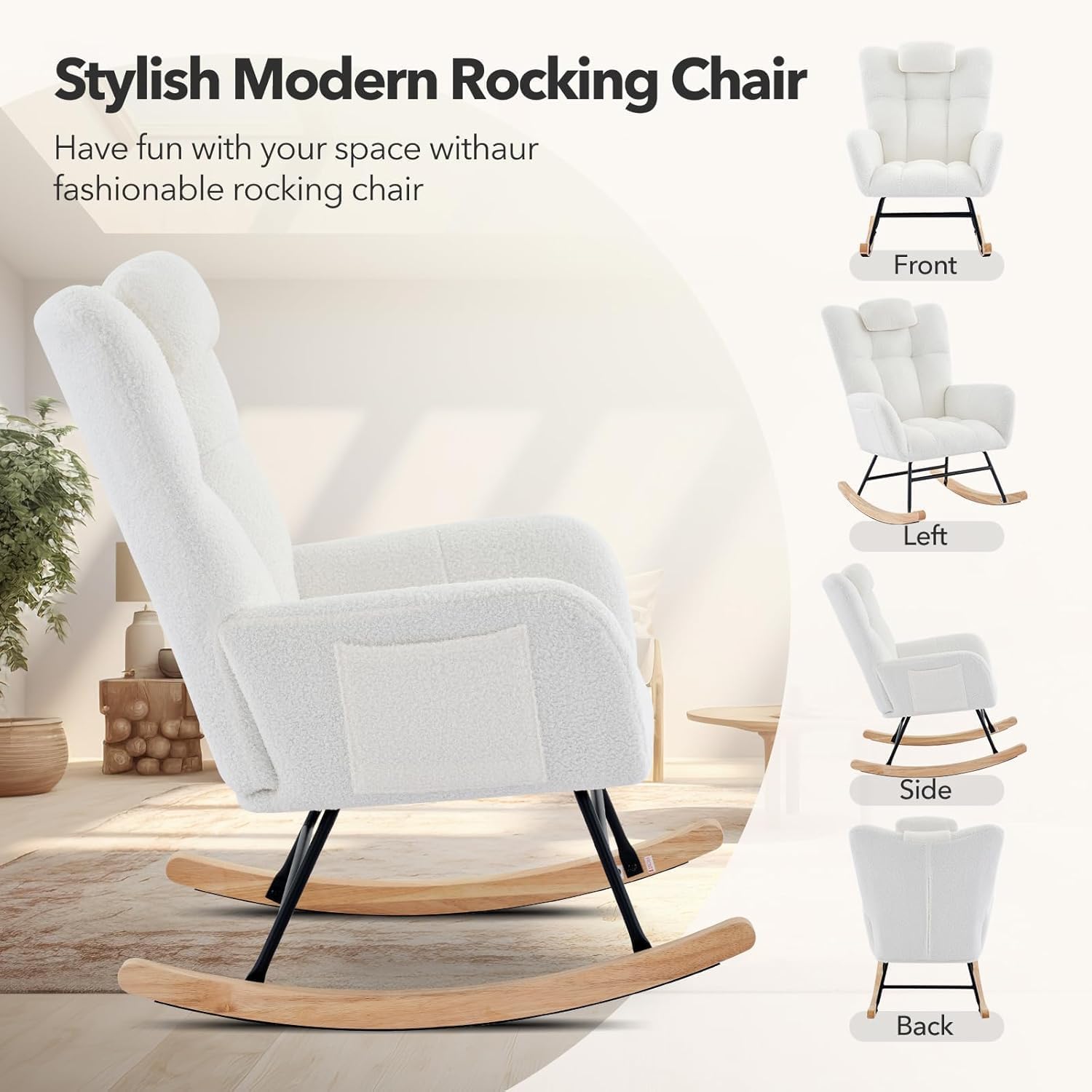 Upholstered Nursery Rocking Chair with High Back and Side Pocket