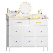White Dresser for Bedroom with LED Lights and Charging Station