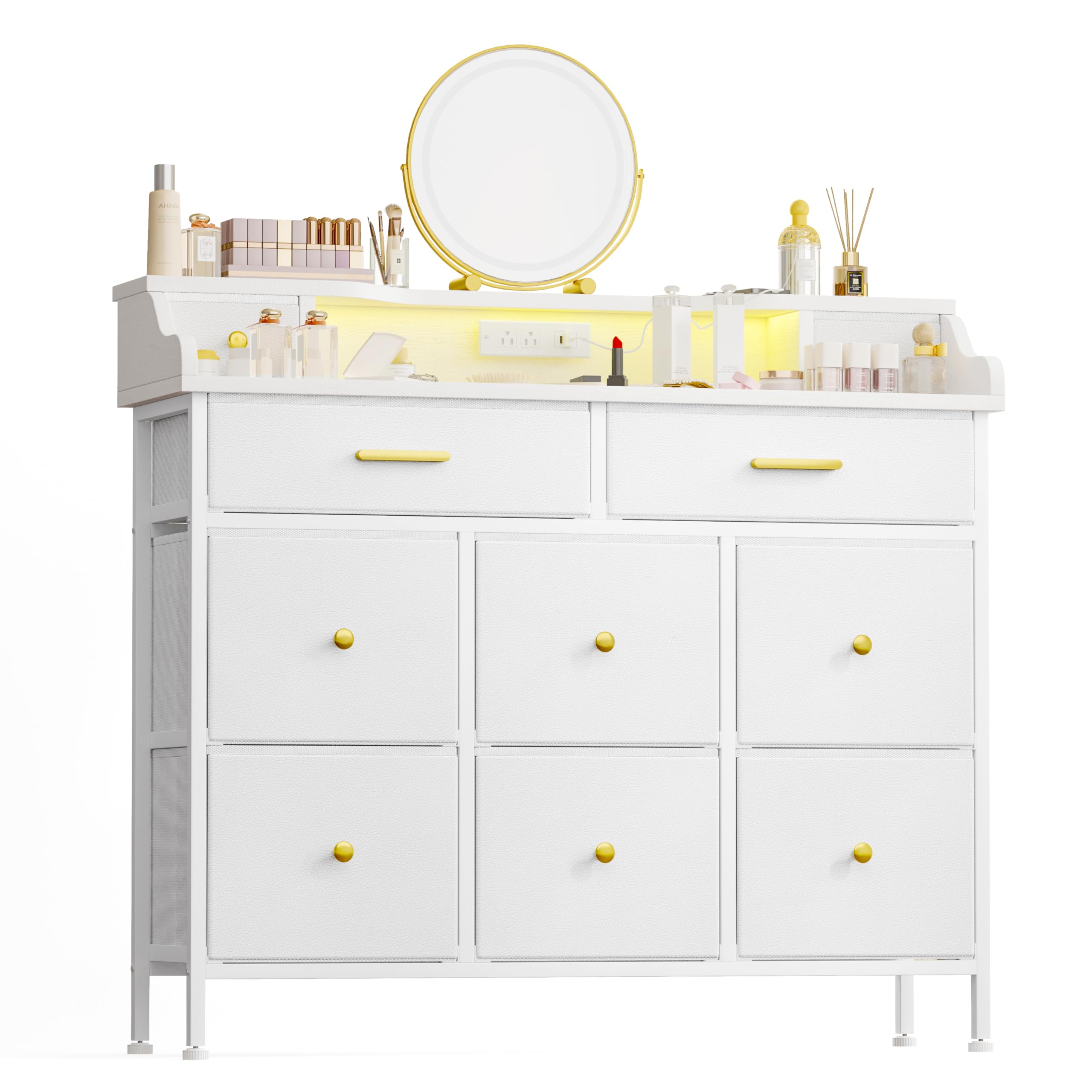 White Dresser for Bedroom with LED Lights and Charging Station