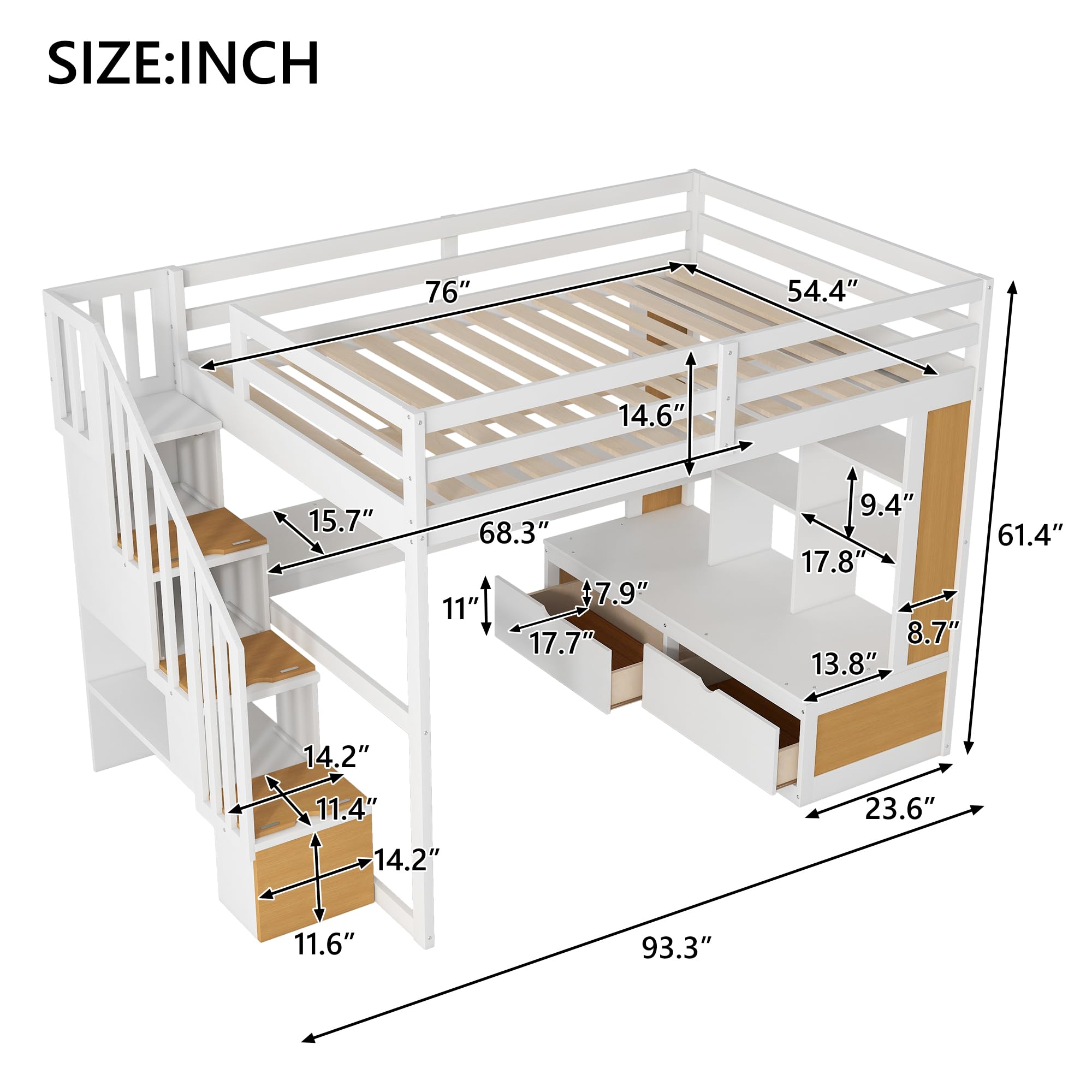 Merax Full Size Wood Loft Bed Frame with 2 Built-in Drawers,Desk,Shelves and Storage Staircase for Bedroom