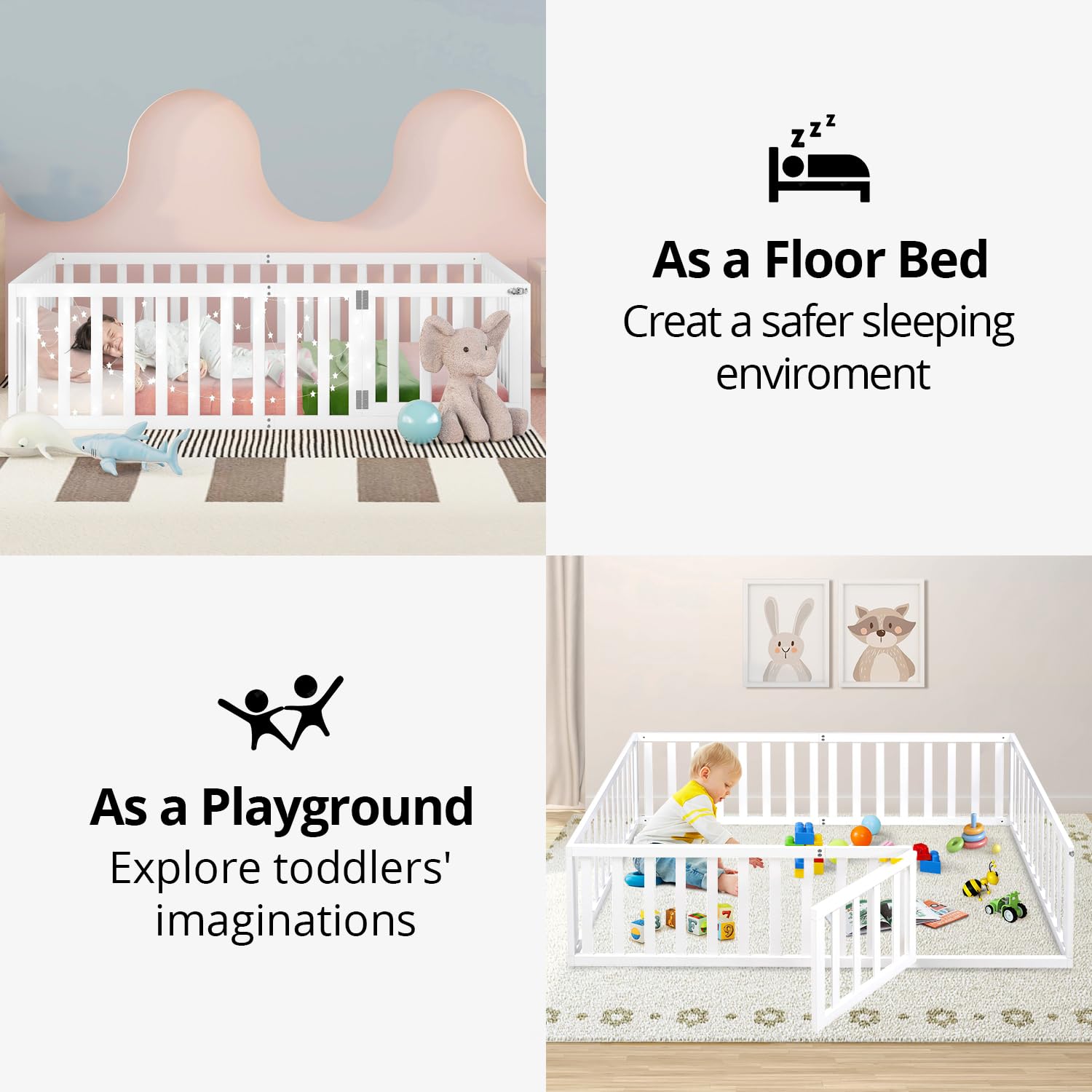 Full Floor Bed for Kids with Safety Guardrails and Door