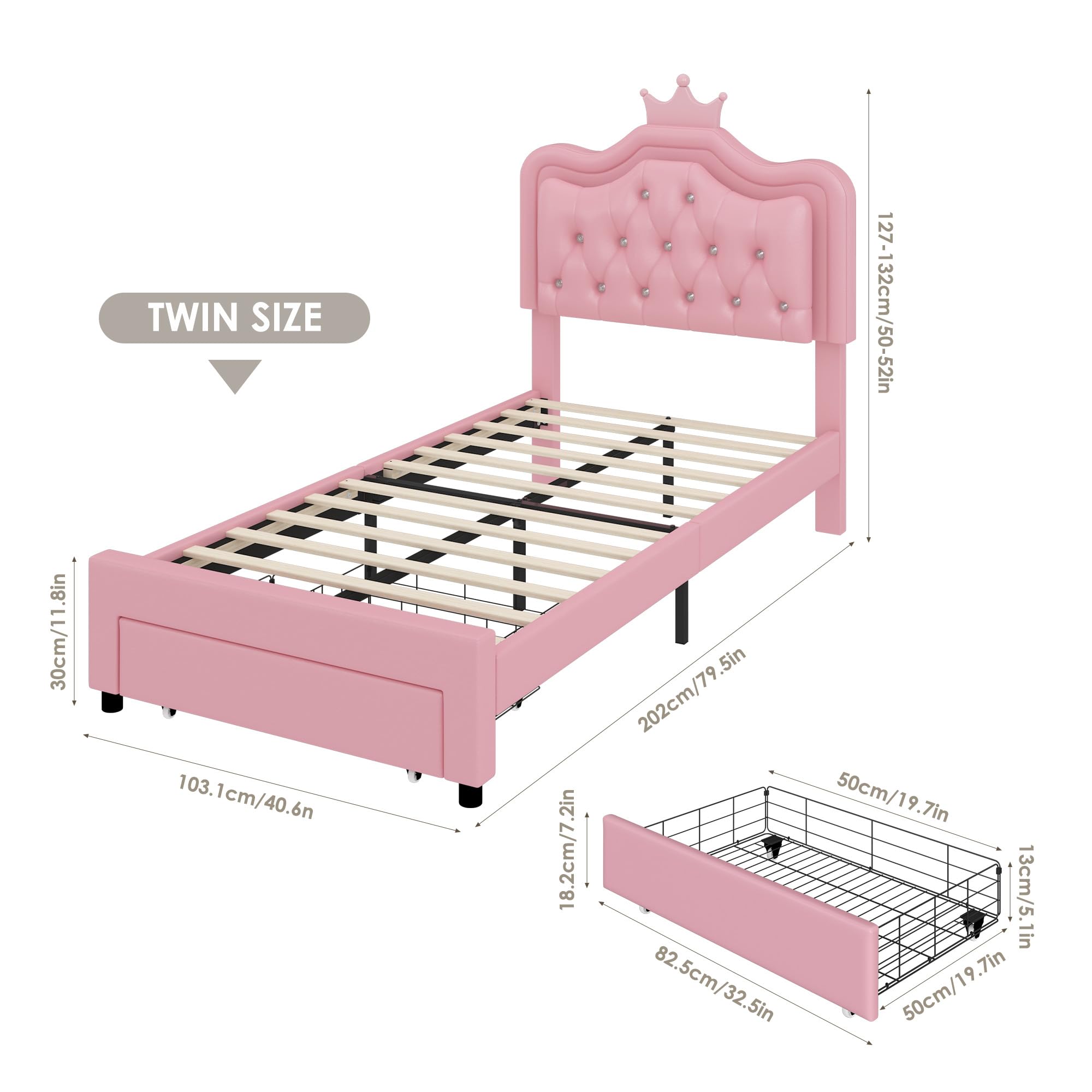 Twin Upholstered LED Bed Frame with Storage Drawer