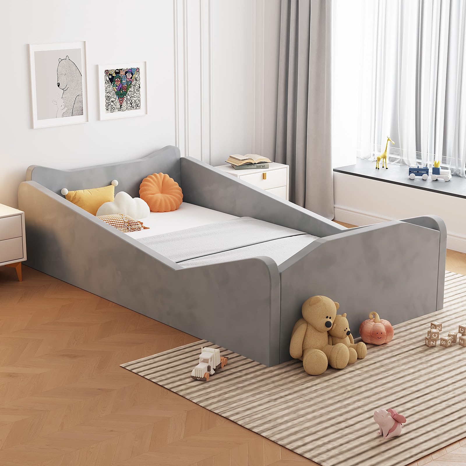Toddler Bed, Floor Bed with Safety Guadrail
