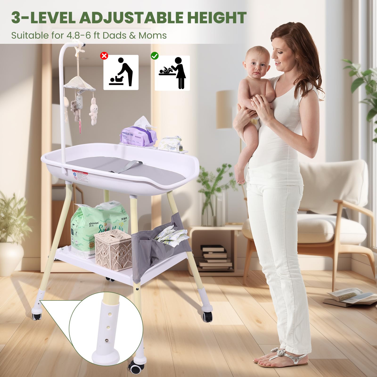 Adjustable Height Baby Changing Table with Mobile