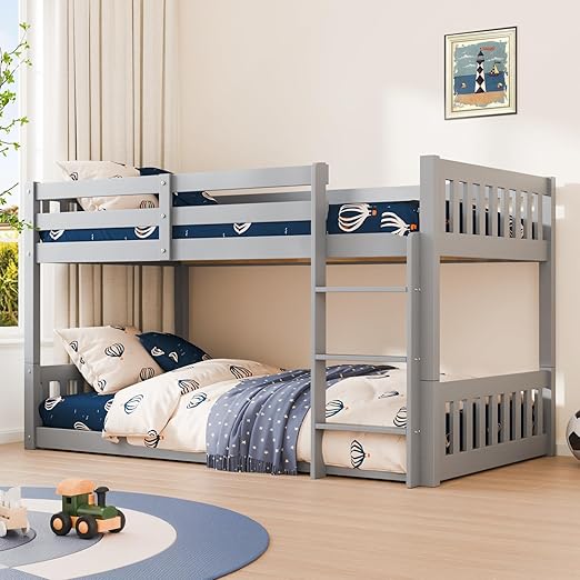 Solid Wood Low Twin Over Twin Bunk Bed for Kids/Junior