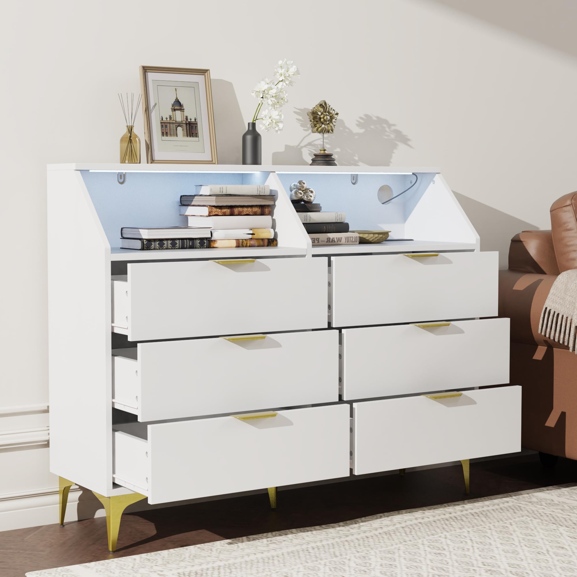 6 Drawer Dresser for Bedroom with Charging Station and LED Lights