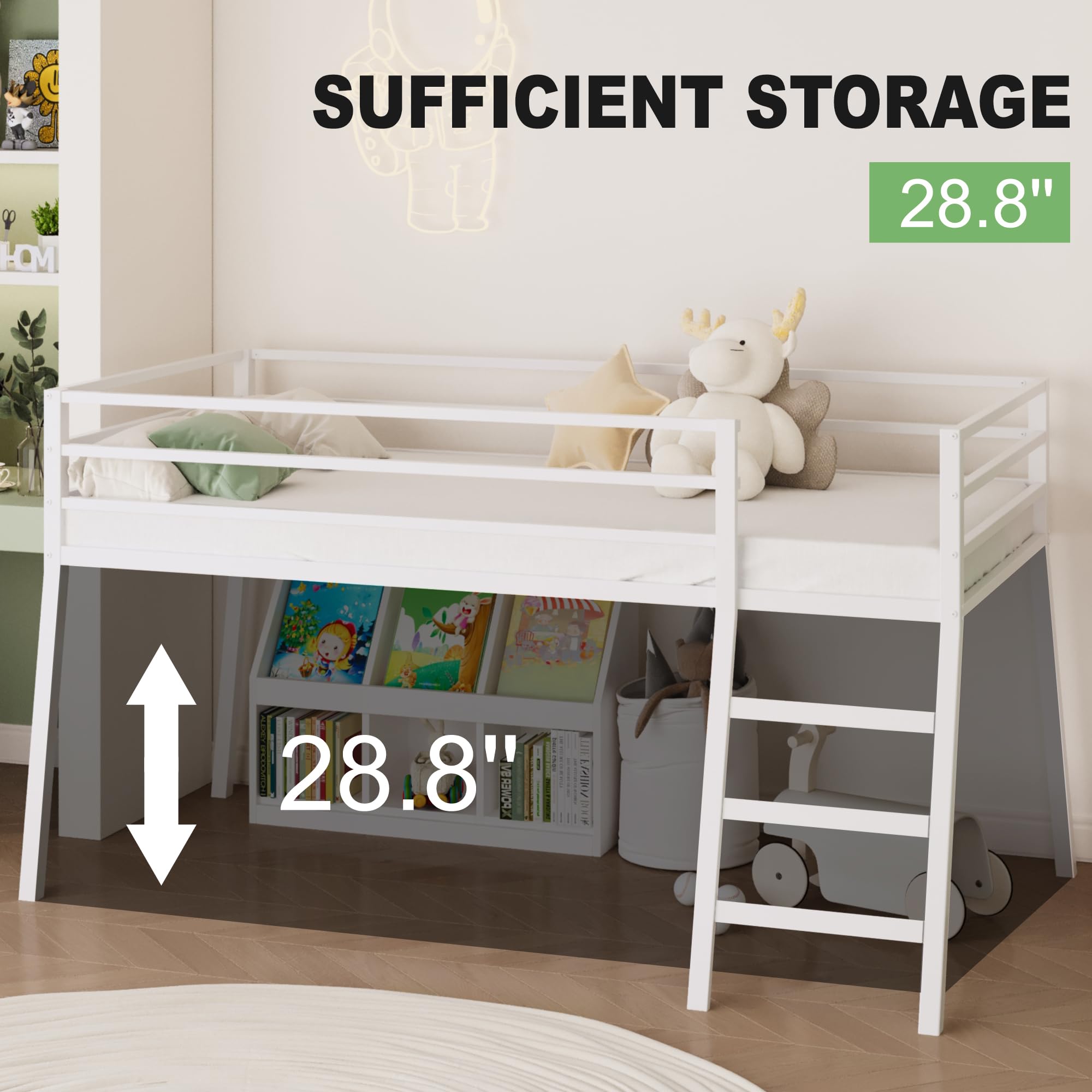 Twin Metal Loft Bed with Stairs and Safety Guardrails
