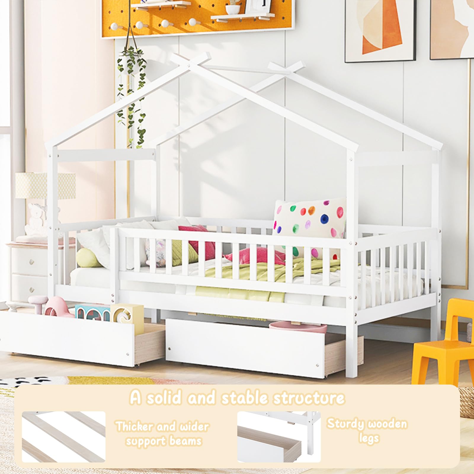 Twin House Bed with Storage Drawers for Kids