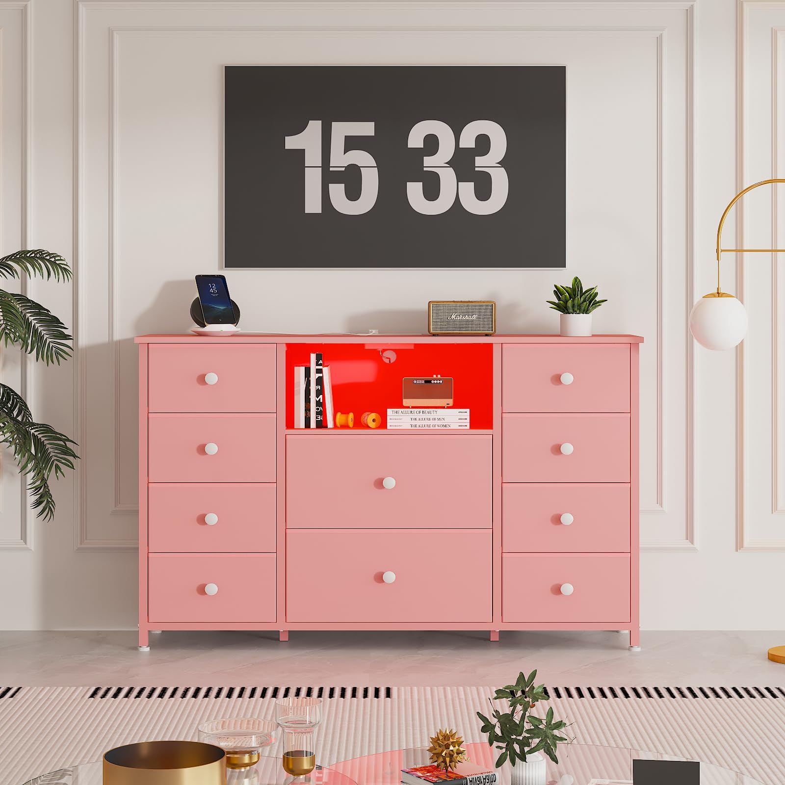 10 Drawer Dresser with Charging Station and LED Lights