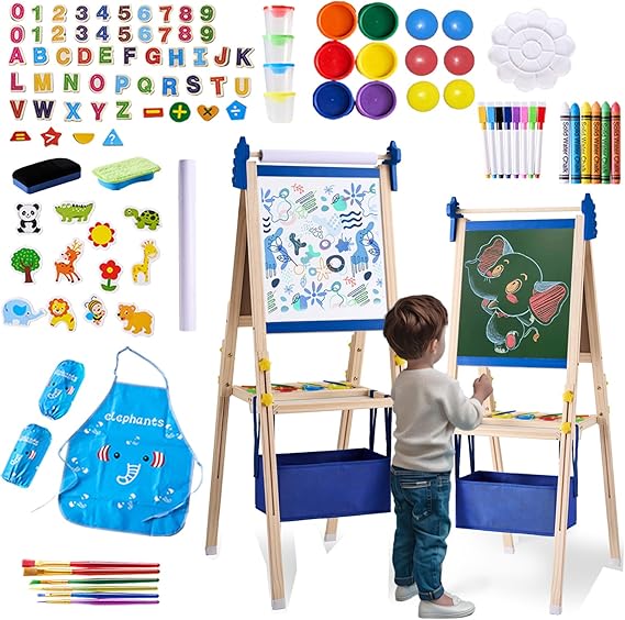 Art Easel for Kids - Adjustable Wooden Double-Sided Magnetic Whiteboard and Chalk