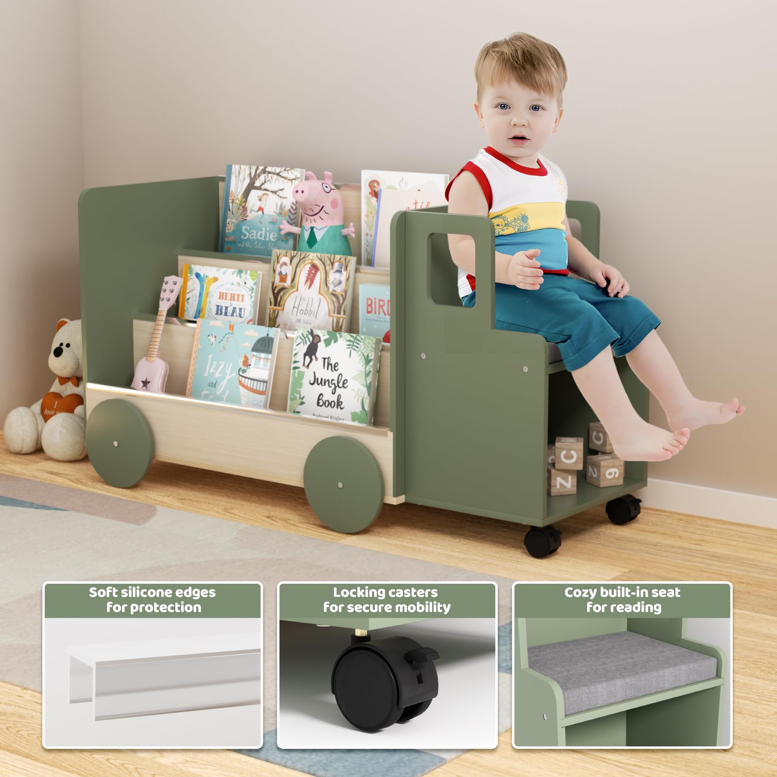 Kids Bookshelf with Locking Wheels, 3-Tier Truck Book Shelf
