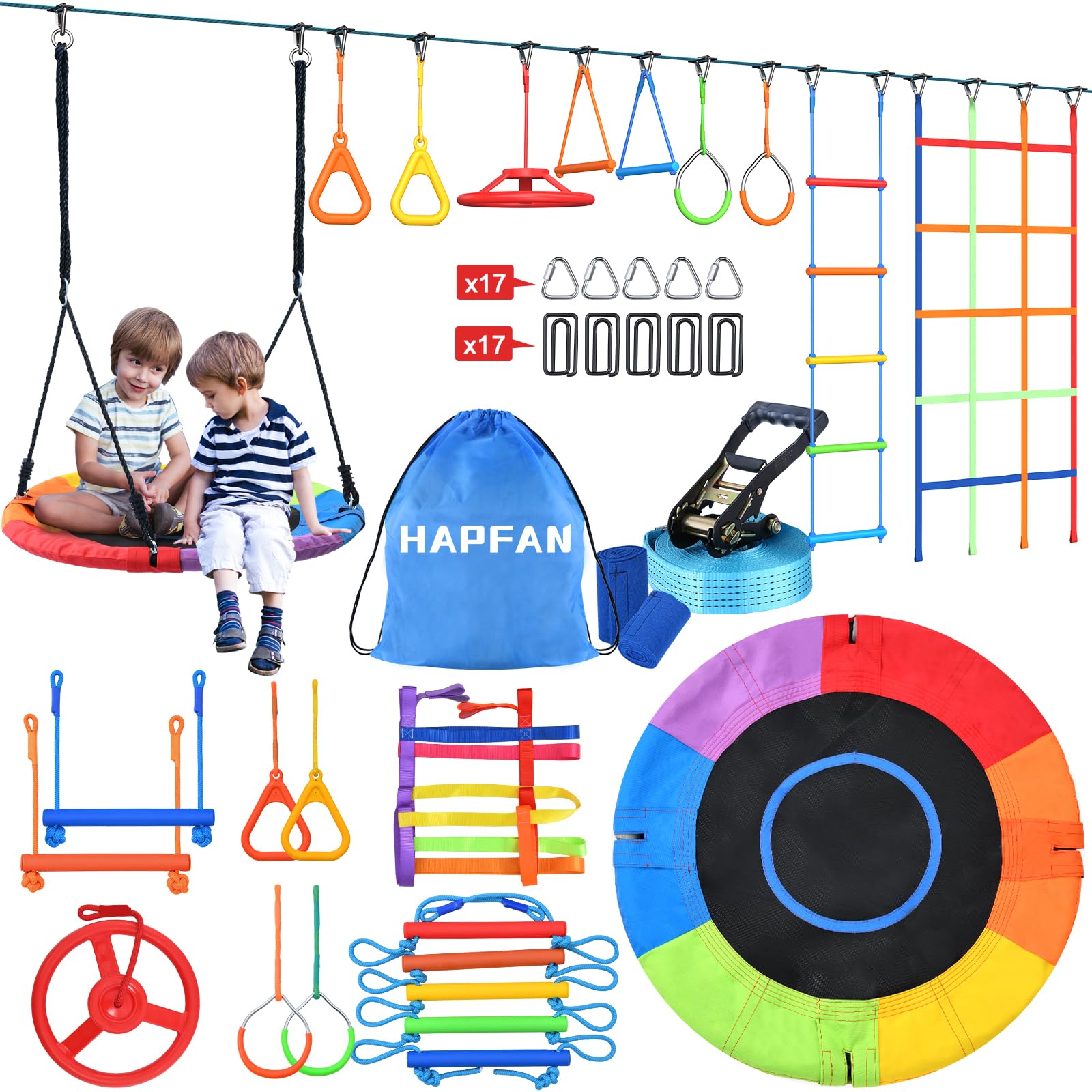 50 FT Ninja Warrior Obstacle Course Swing Set for Kids with Weather-Proof Accessories
