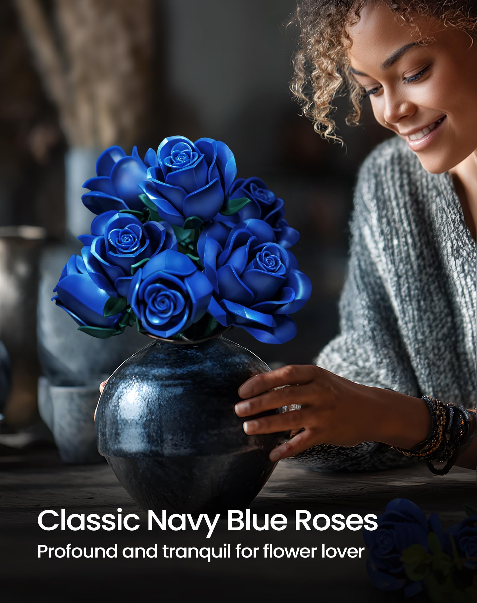 Navy Blue Rose Bouquet Building Set - 12 Piece Botanical Collection