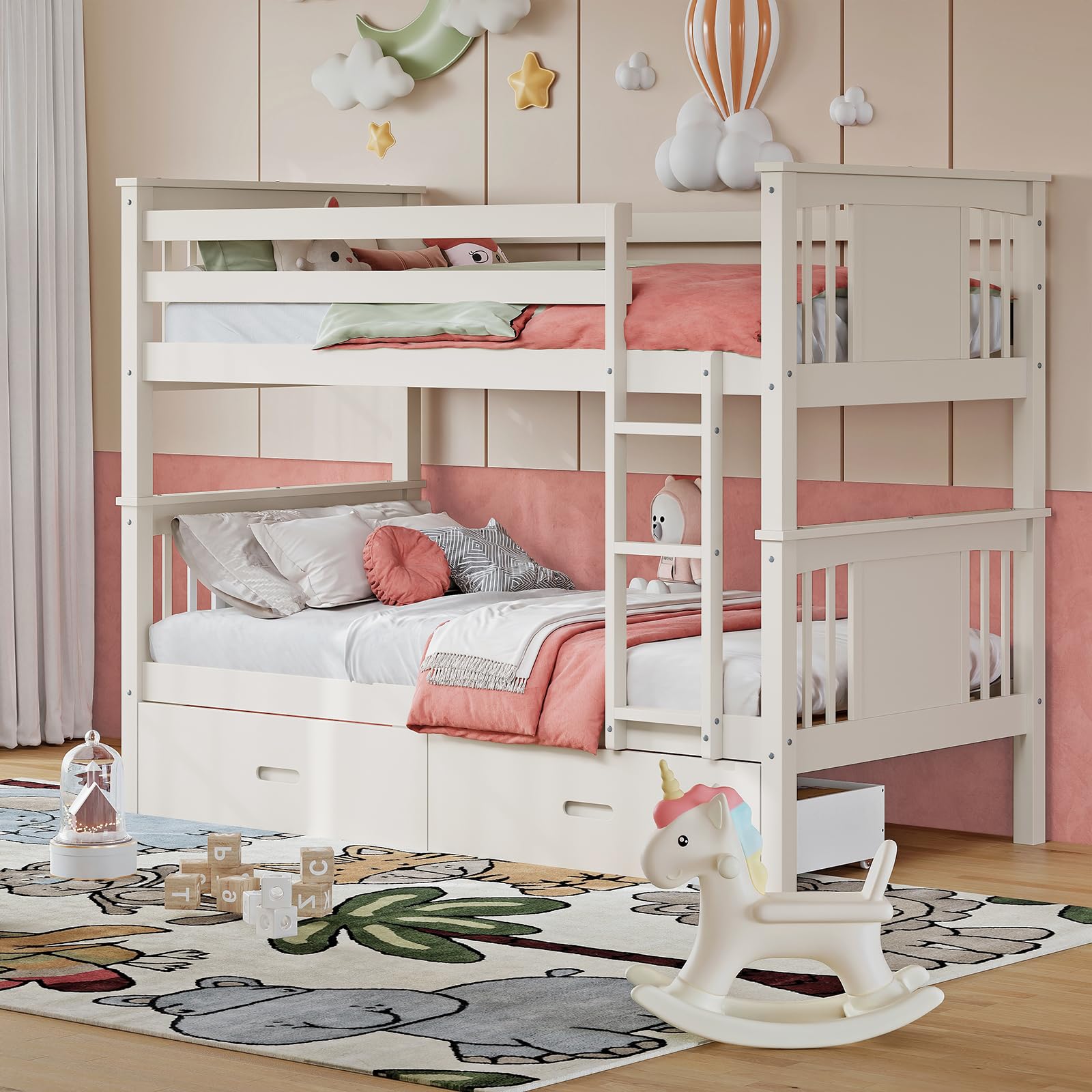 Wood Twin-Over-Twin Bunk Bed with 2 Storage Drawers