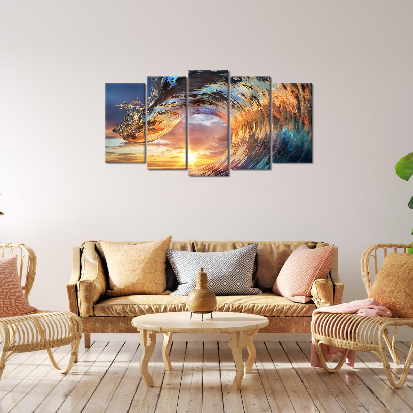 Large 5 Piece Sea Waves Canvas Wall Art Sunset Ocean Wave