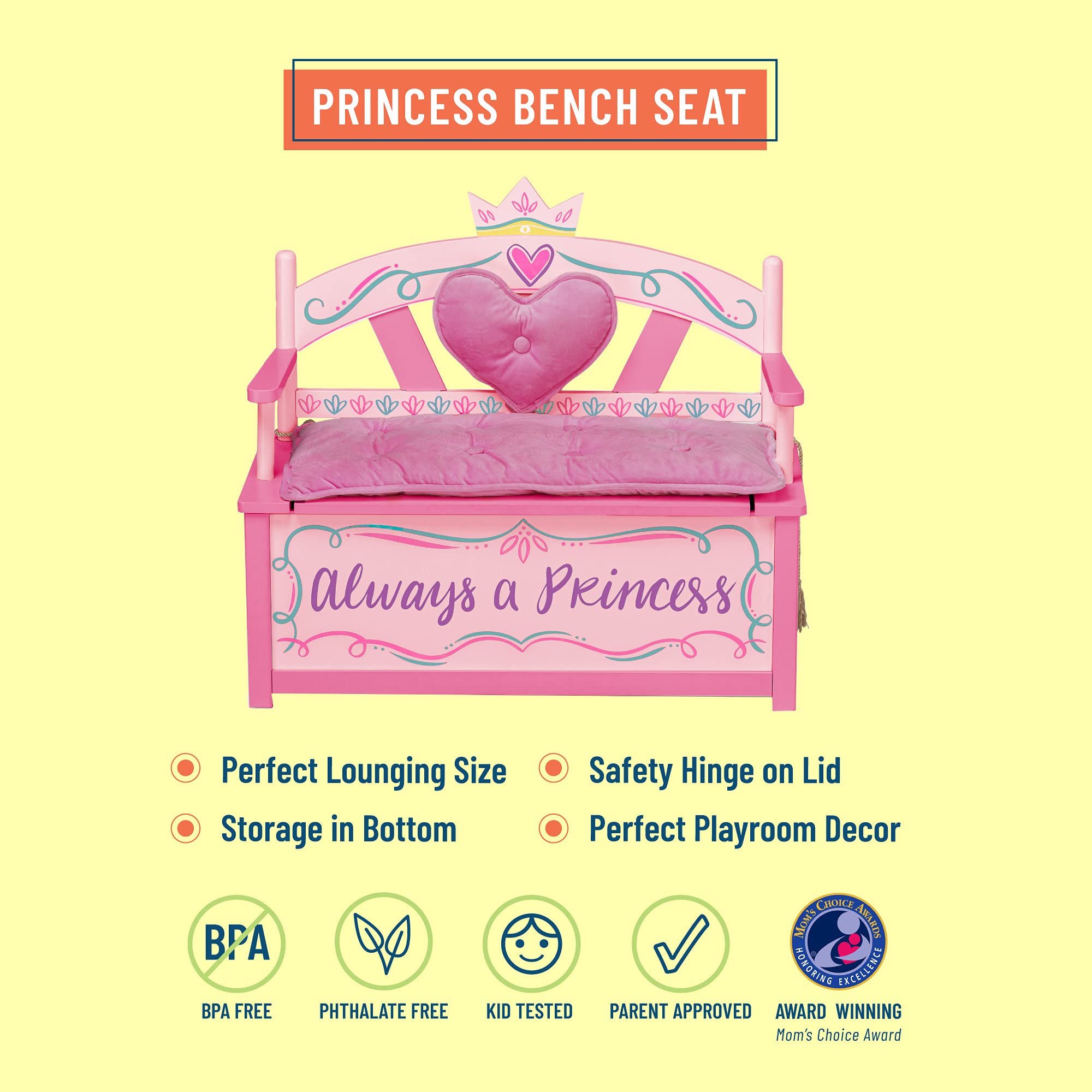 Princess Wooden Storage Bench with Padded Cushion and Safety Hinge