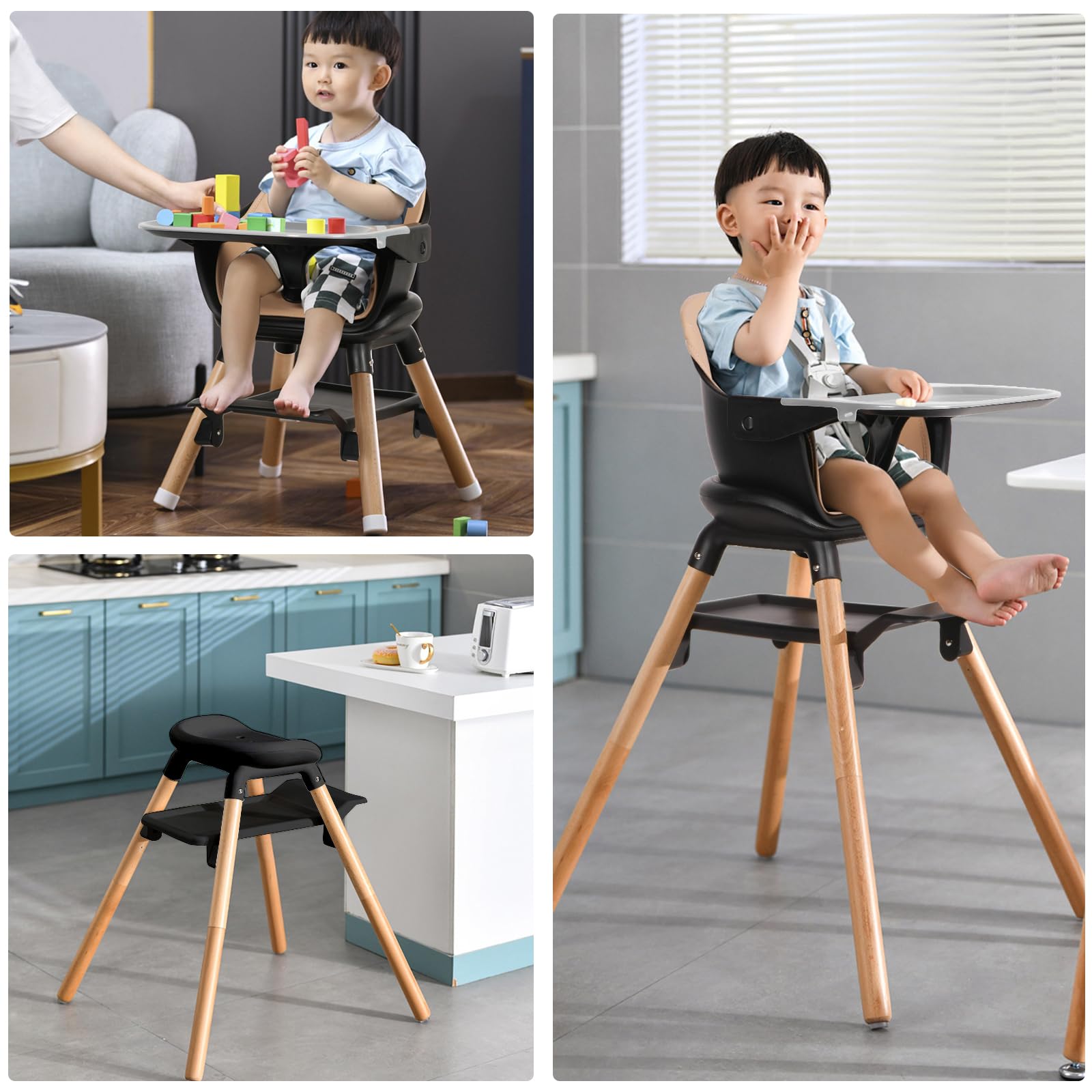 Baby High Chair, 6 in 1 Wooden Convertible High Chairs for Babies and Toddlers