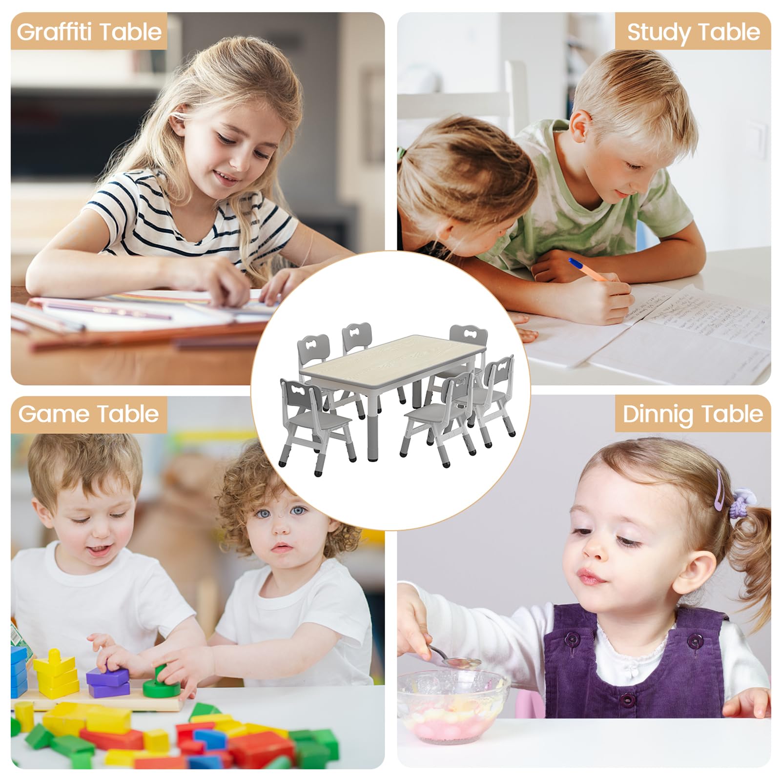Height Adjustable Kids Table and 6 Chairs Set