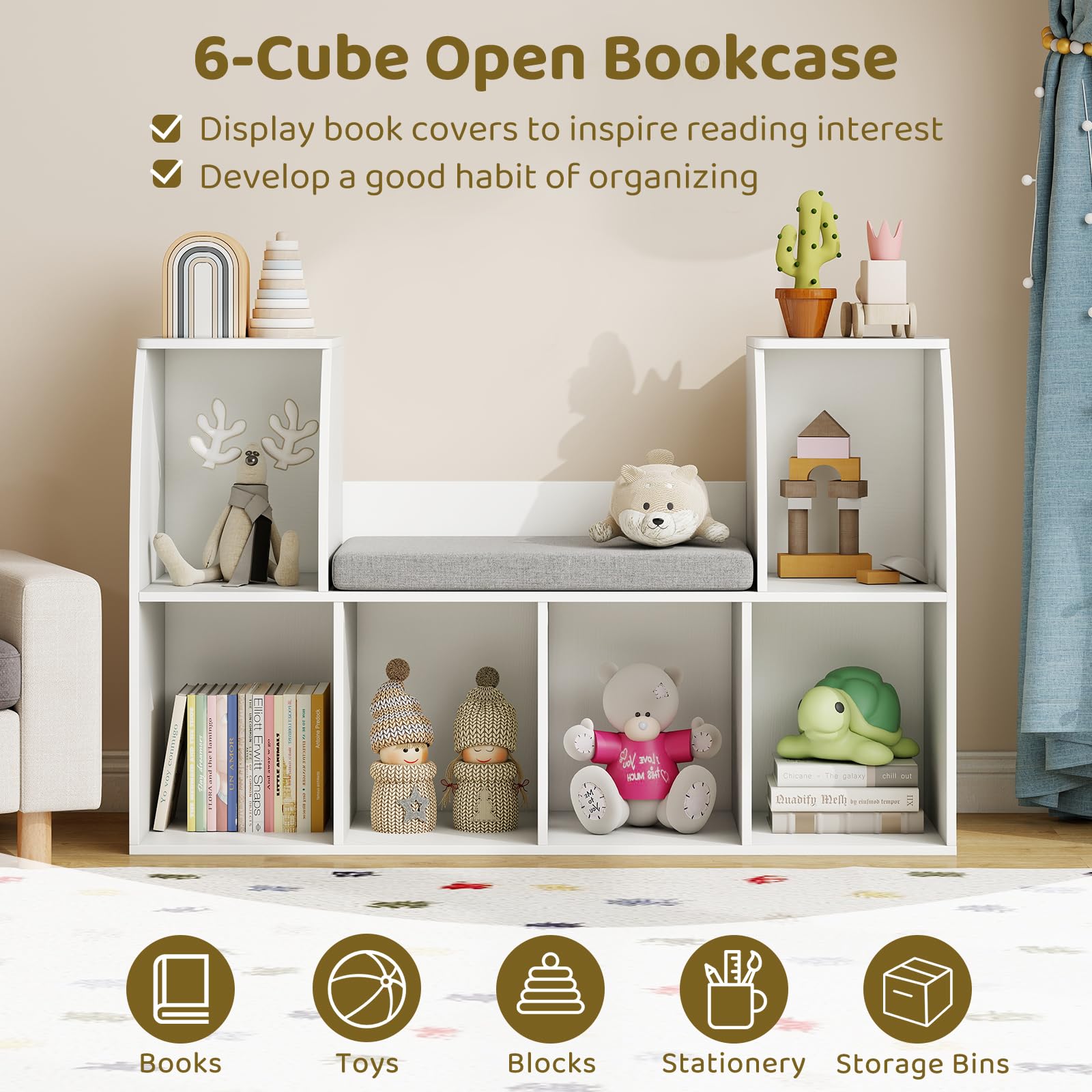 Kids Bookshelf with Reading Nook and Storage Bench
