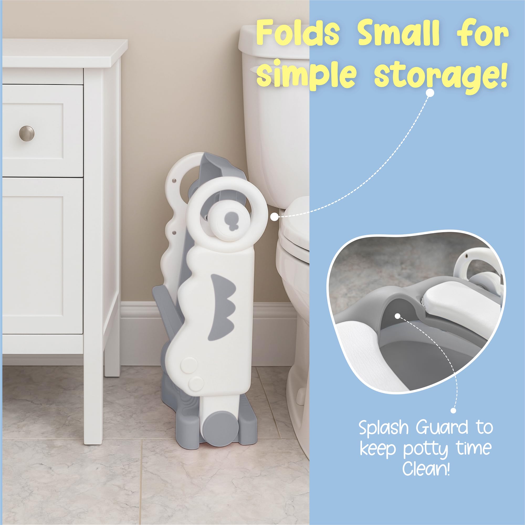 bebeleh Musical & Sound Toddler Potty Training Seat w/Step Stool Ladder - Collapsible & Adjustable Toilet, Pre Assembled Toddler Toilet Seat w/Music & Sounds - Splash Guard & Anti-Slip Steps - Gray