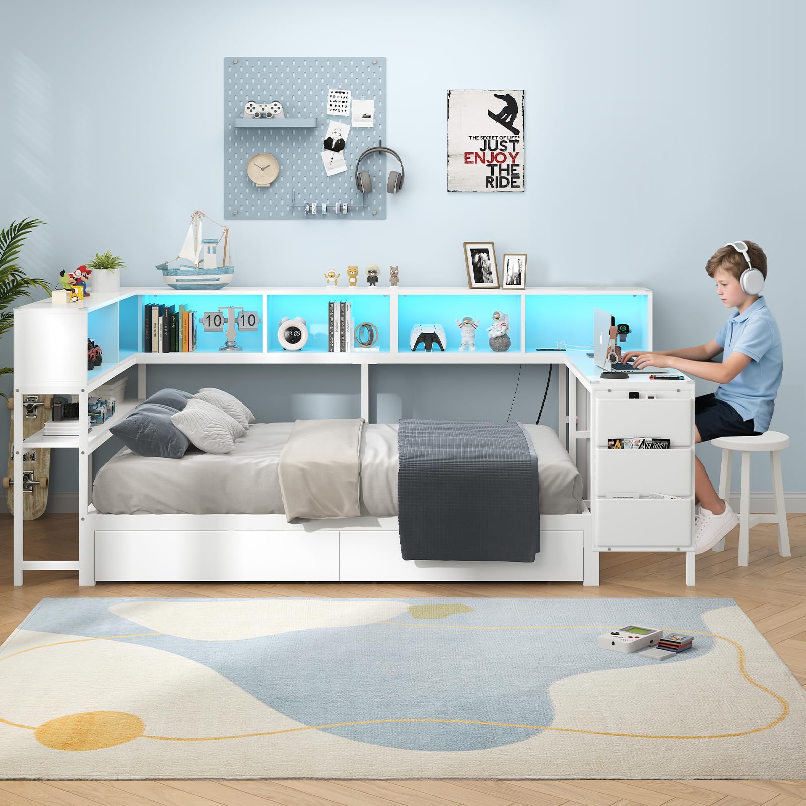 Twin Corner Bed with Desk and Storage