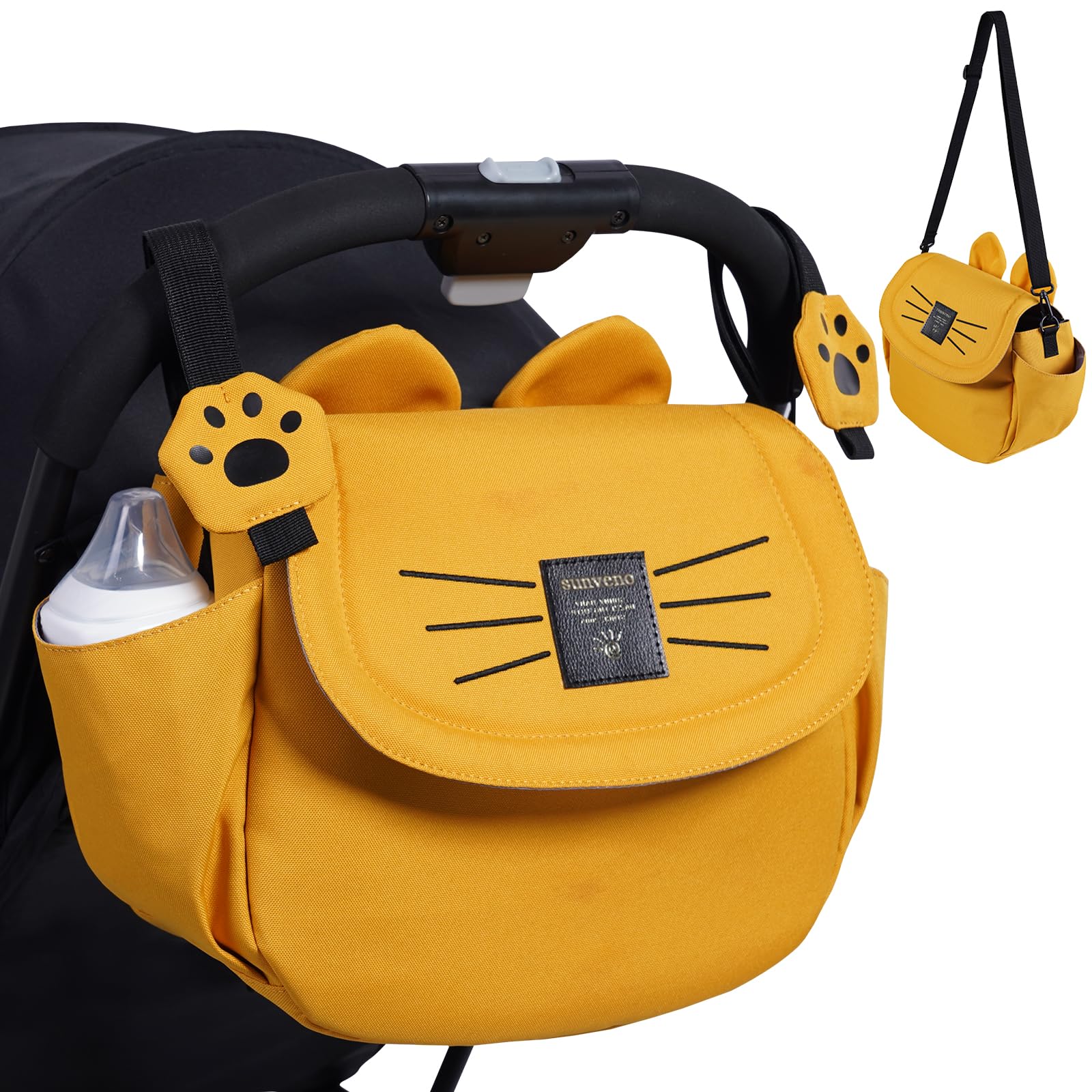 Universal Stroller Organizer with Cup Holder and Shoulder Strap, Cute Cartoon Cat Design