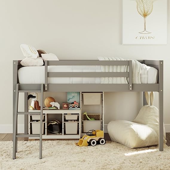 Low Loft Bed: Wooden loftBed with Ladder, Low Loft with Full Guardrail