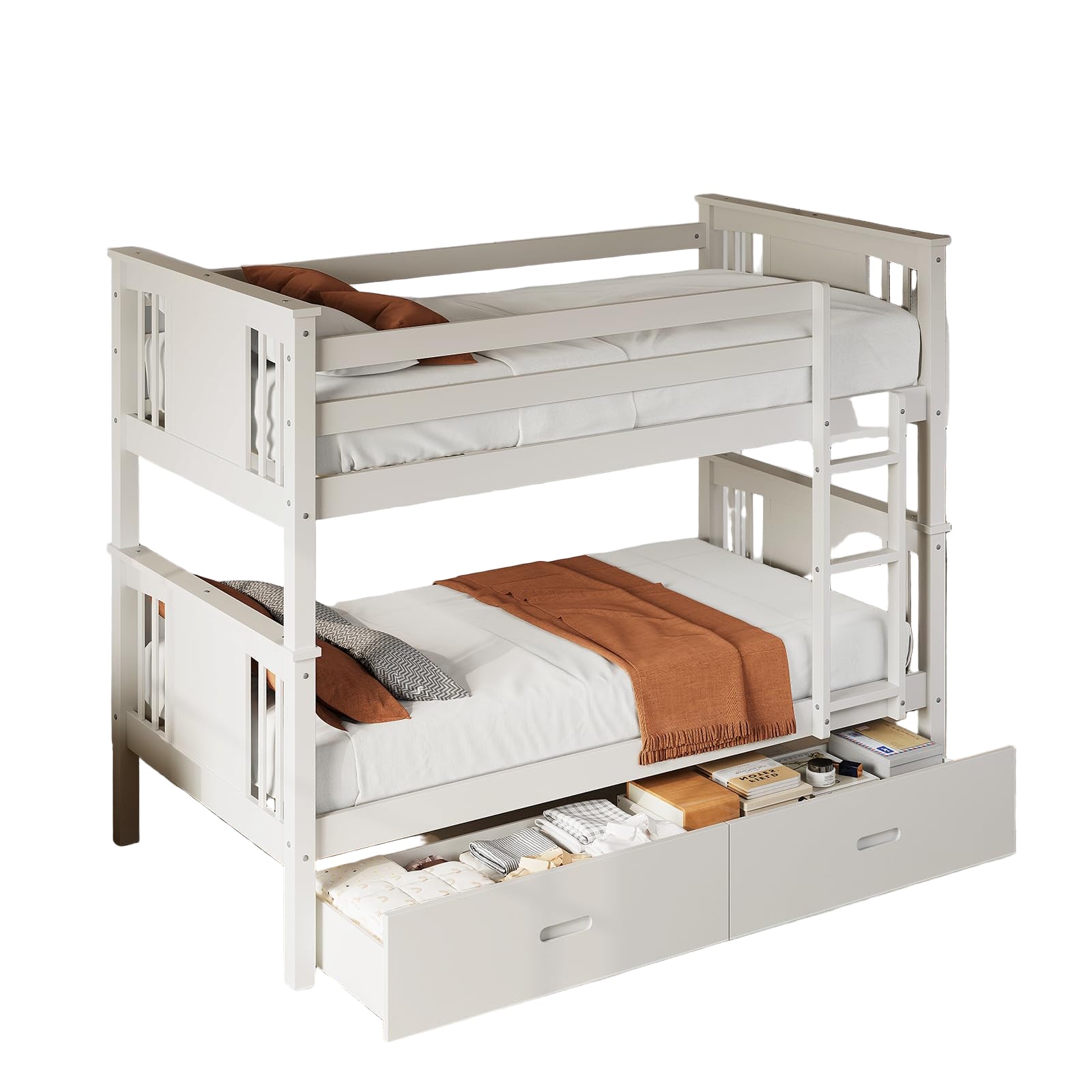Wood Twin-Over-Twin Bunk Bed with 2 Storage Drawers