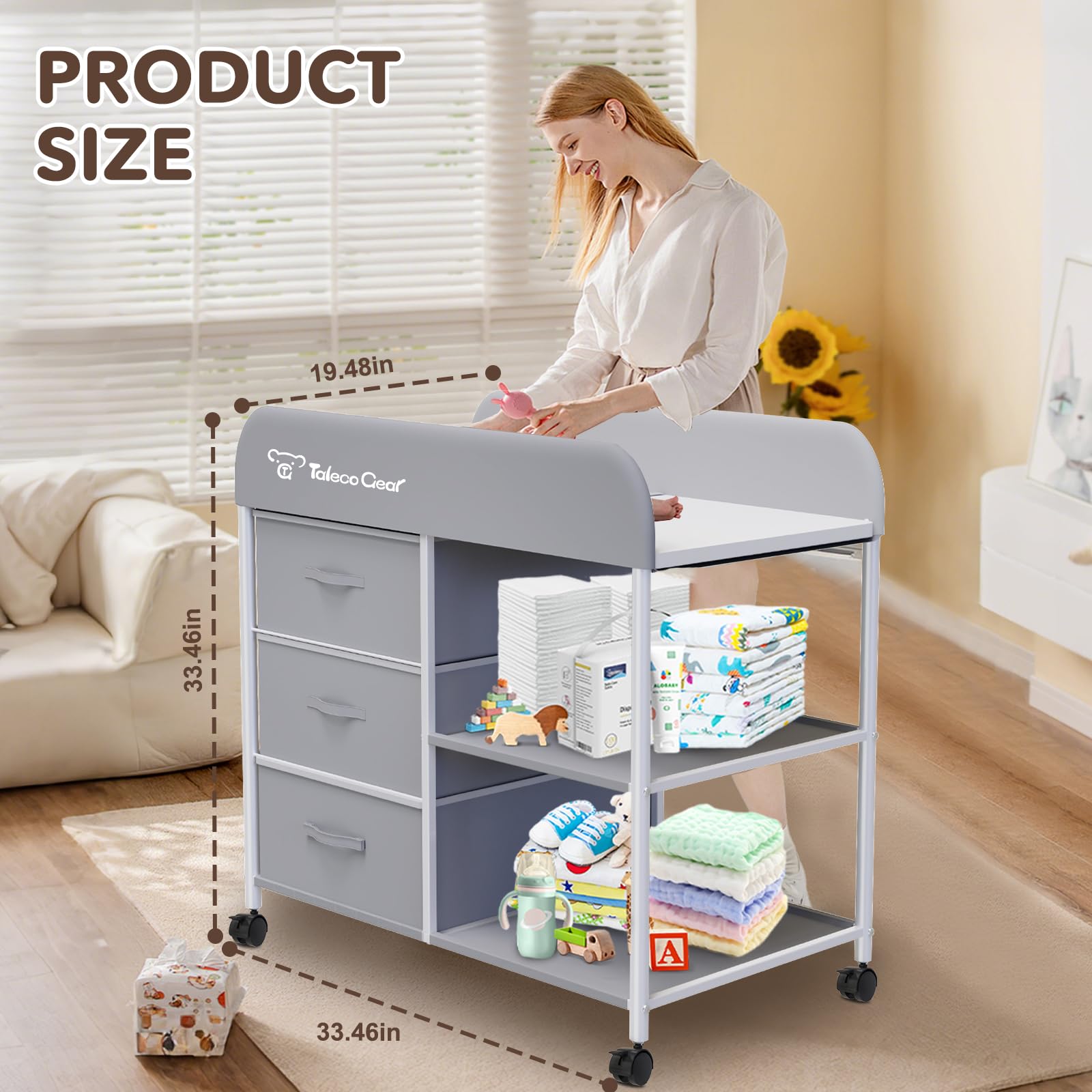Portable Baby Changing Table with Wheels and Storage Baskets