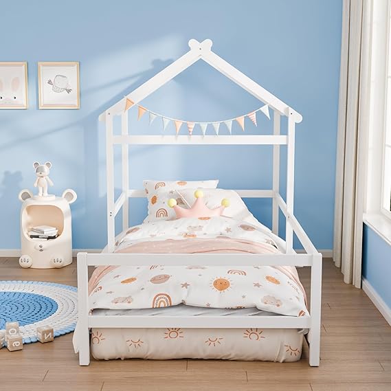 Twin House Floor Bed Frame with Roof, Wooden Montessori Bed with Safety Fence