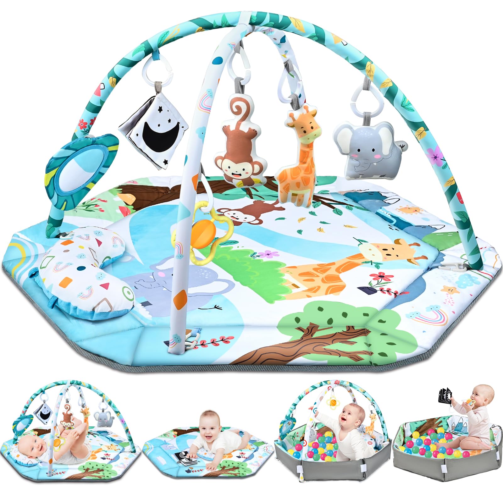 Baby Gym Play Mat, 8-in-1 Tummy Time Mat & Ball Pit with 6 Toys