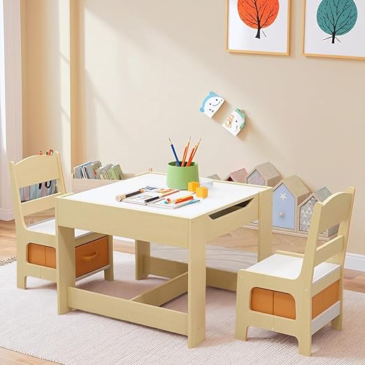 Kids Table and Chair Set, 4 in 1 Wooden Activity Desk