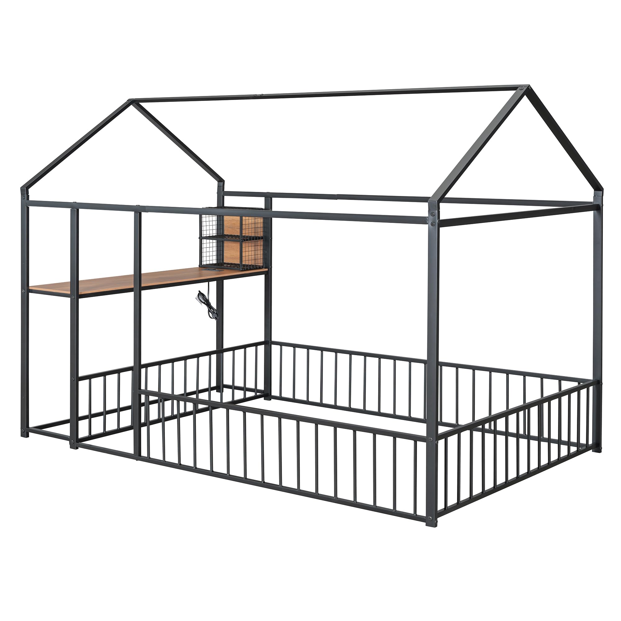 Full Size Metal House Bed with Desk and Guardrails