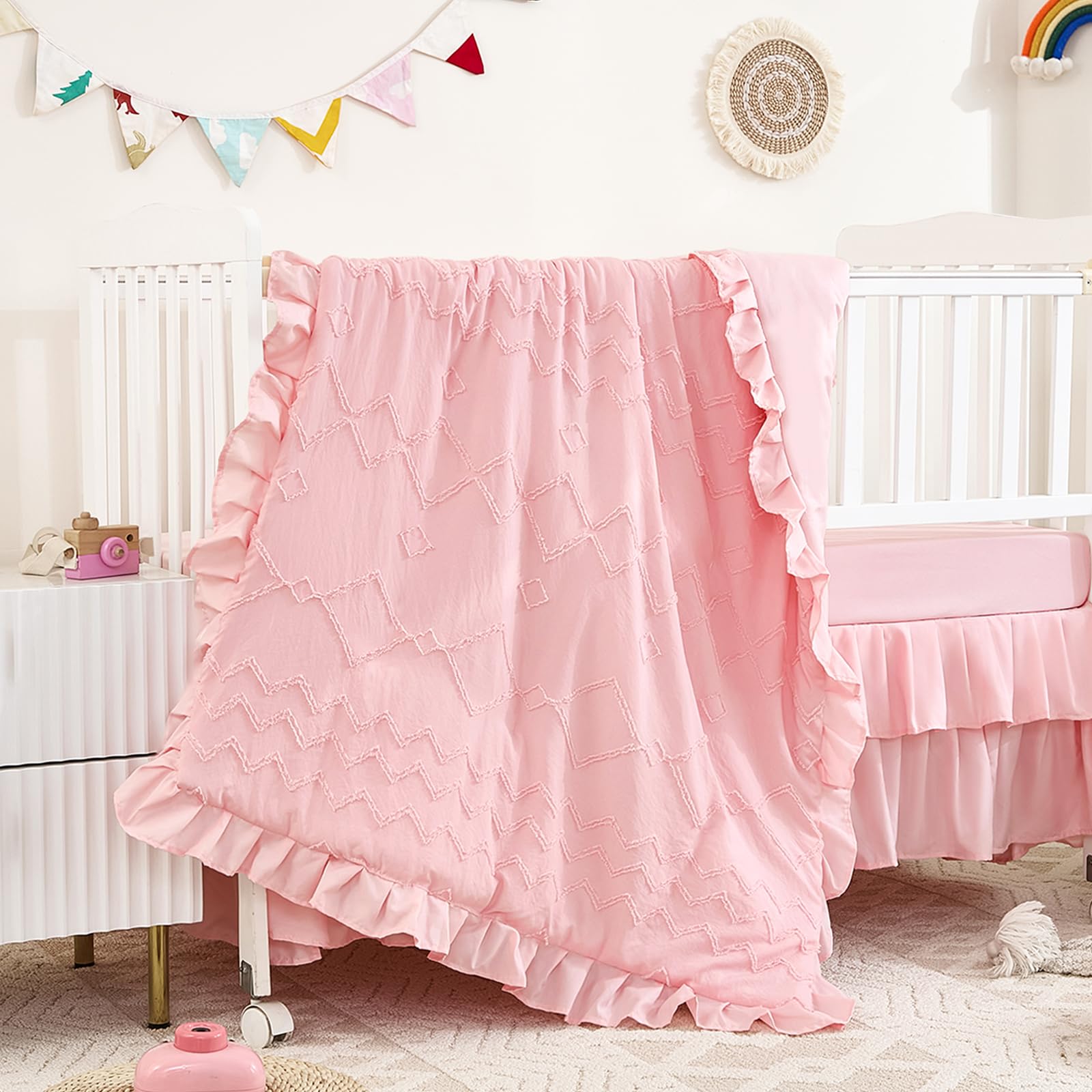 Tufted Ruffle Crib Bedding Set - Pink