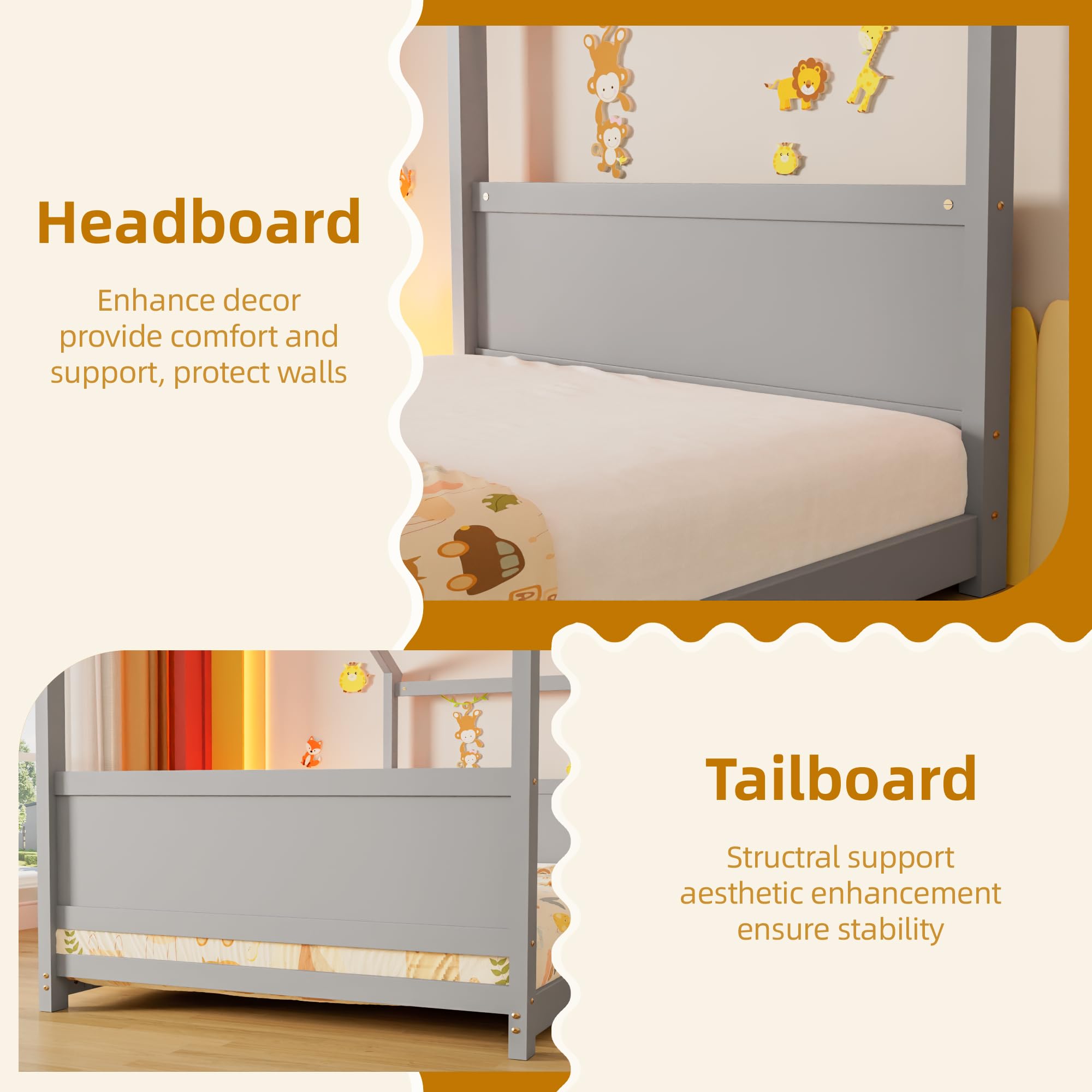 Twin Floor House Bed with Headboard and Footboard
