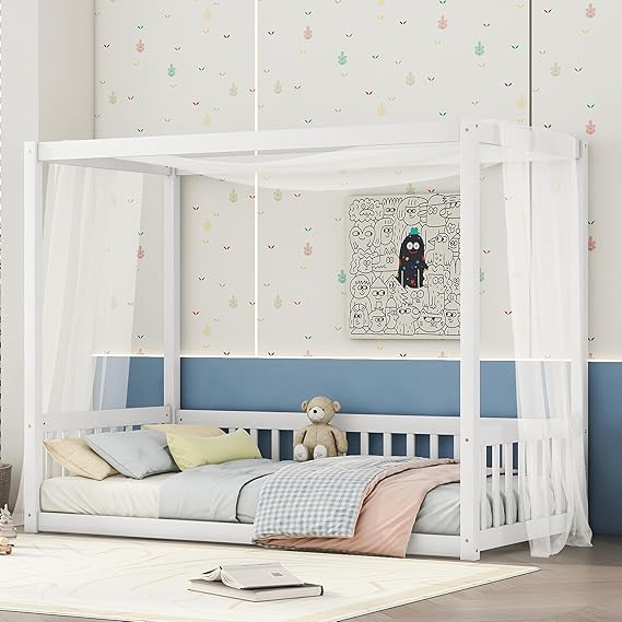 Full Size Canopy Bed Frame with Guardrails for Kids,Floor Bed Full