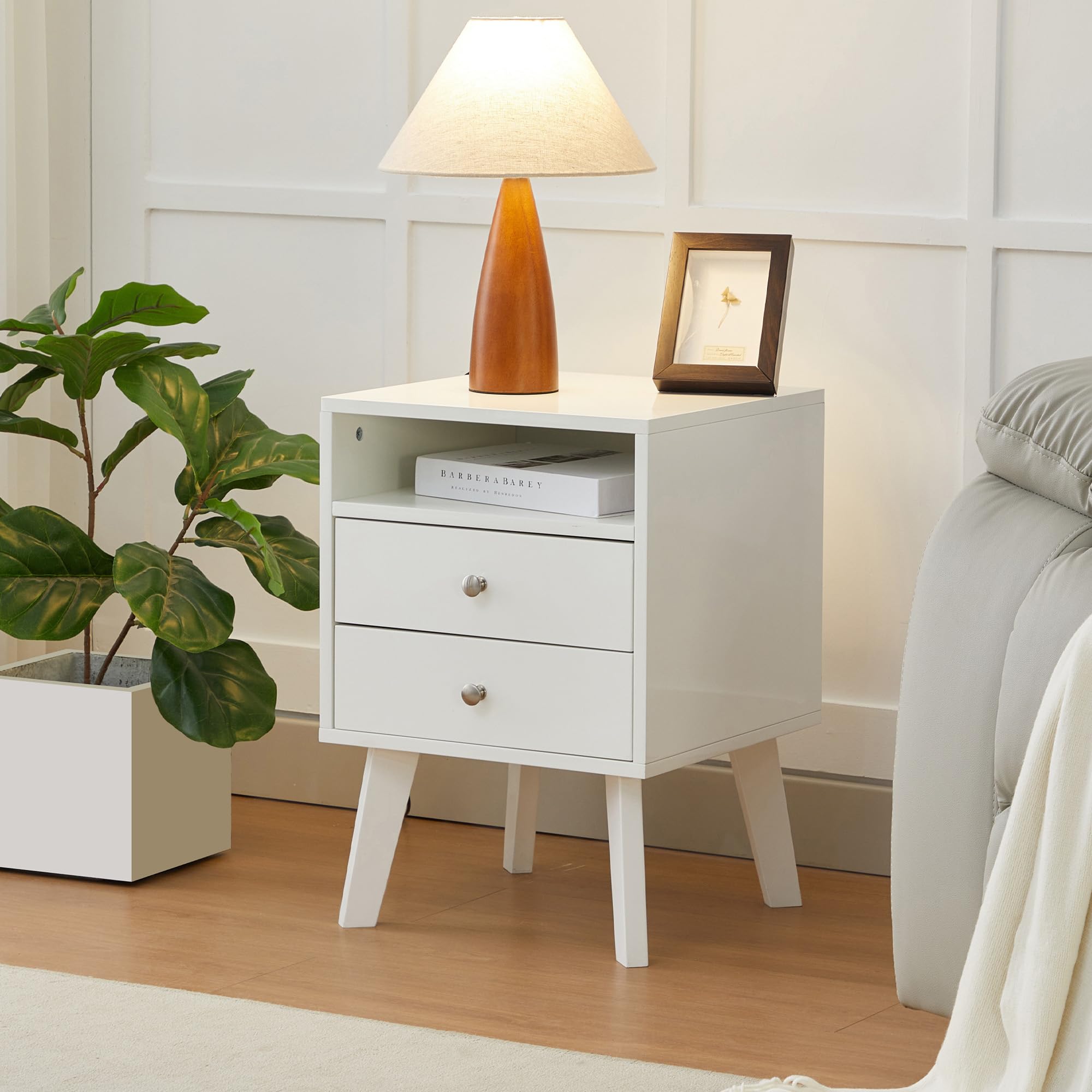 White Nightstand with 2 Drawers and Open Shelf Wooden Bed Side