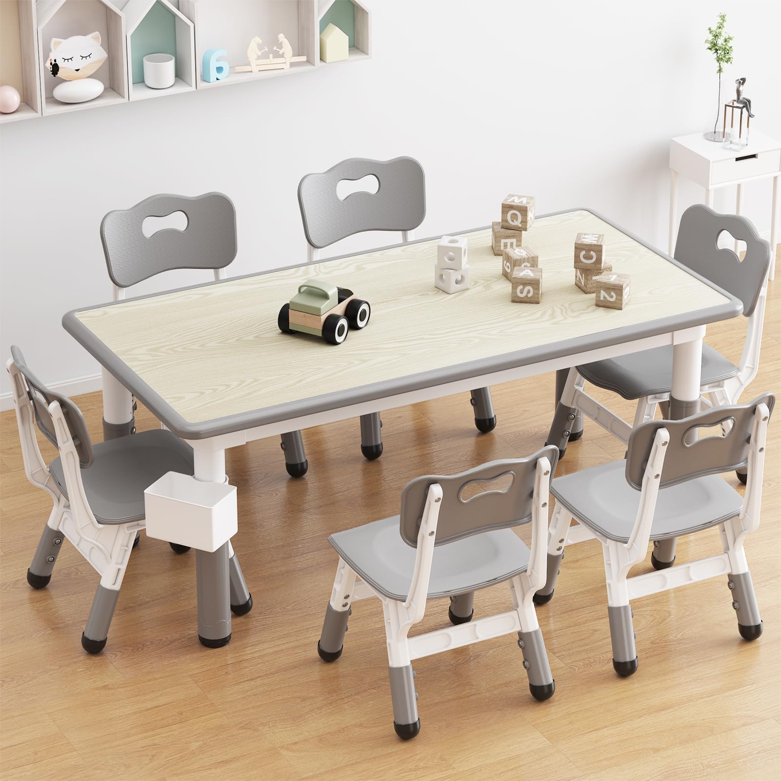 Kids Table and 6 Chairs Set with Storage Box, Height Adjustable Toddler