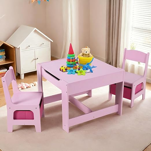 Kids Table and Chair Set, 4 in 1 Wooden Activity Desk