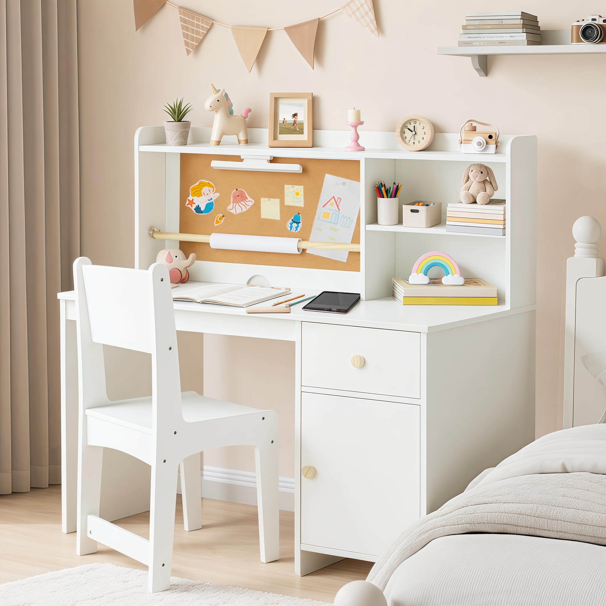 Kids Study Desk and Chair Set with Hutch and Storage