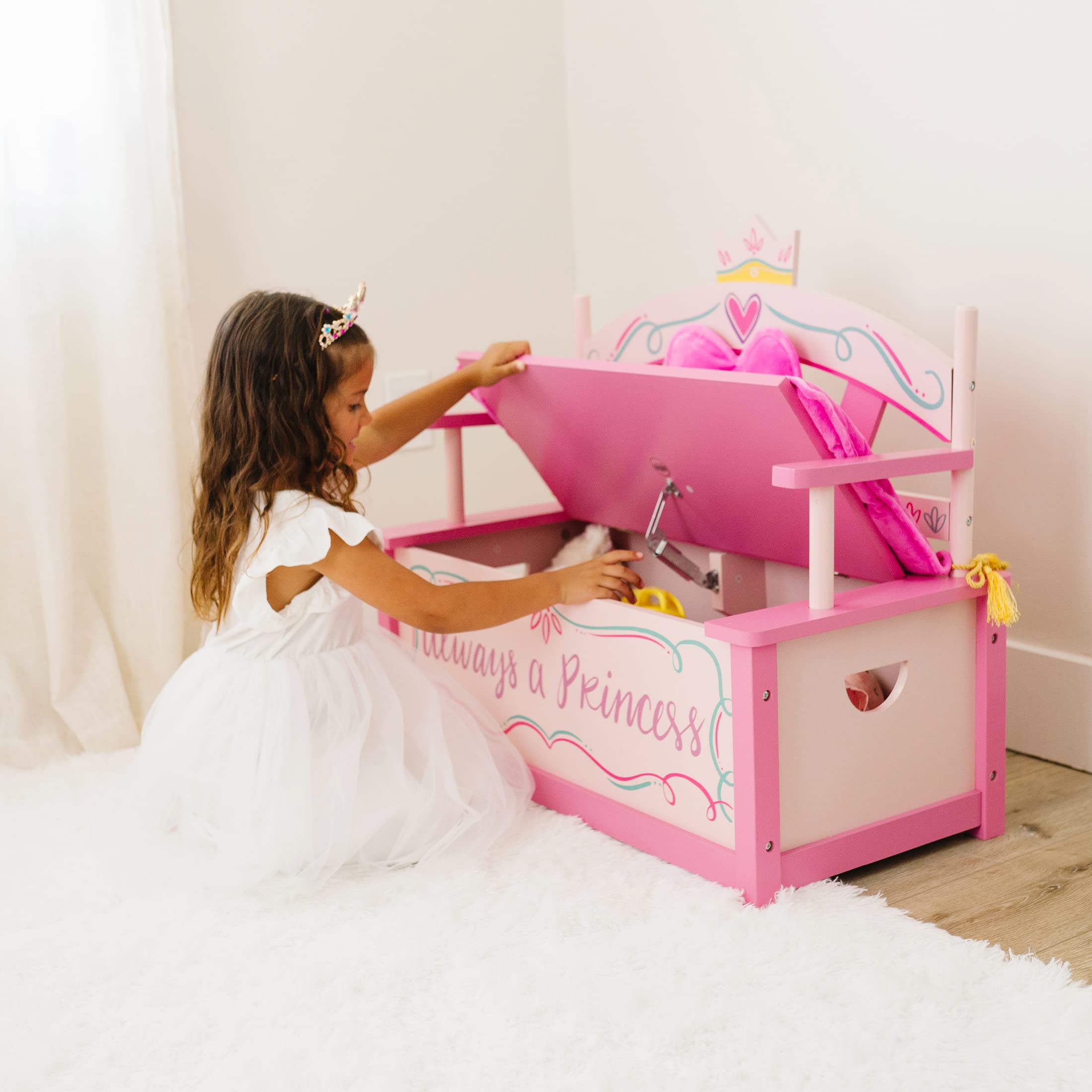 Princess Wooden Storage Bench with Padded Cushion and Safety Hinge