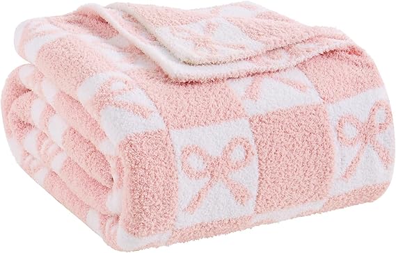 Purple Checkered Knit Throw Blanket with Bow Pattern 50x60 Lovely Ultra Soft Microfiber