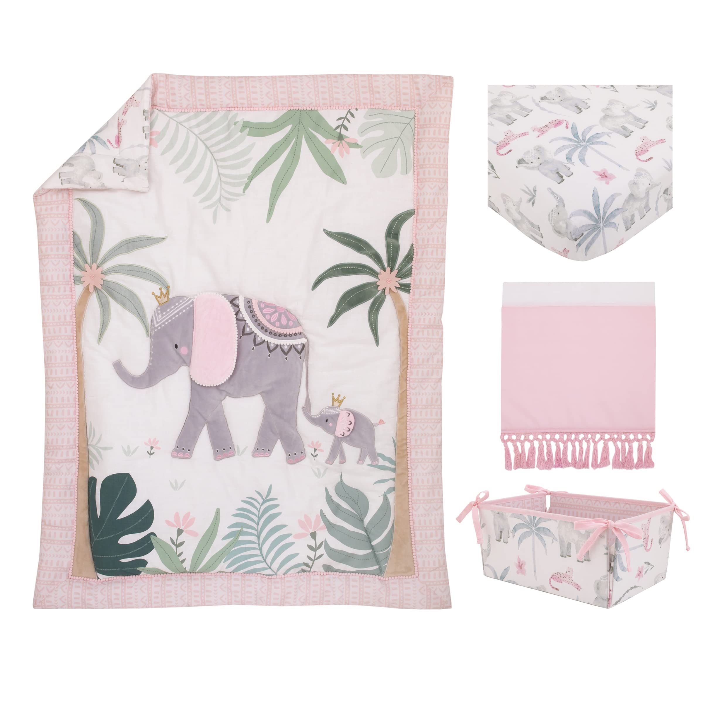 Tropical Princess Elephant/Jungle Pink and Green 4 Piece Crib Bedding Set