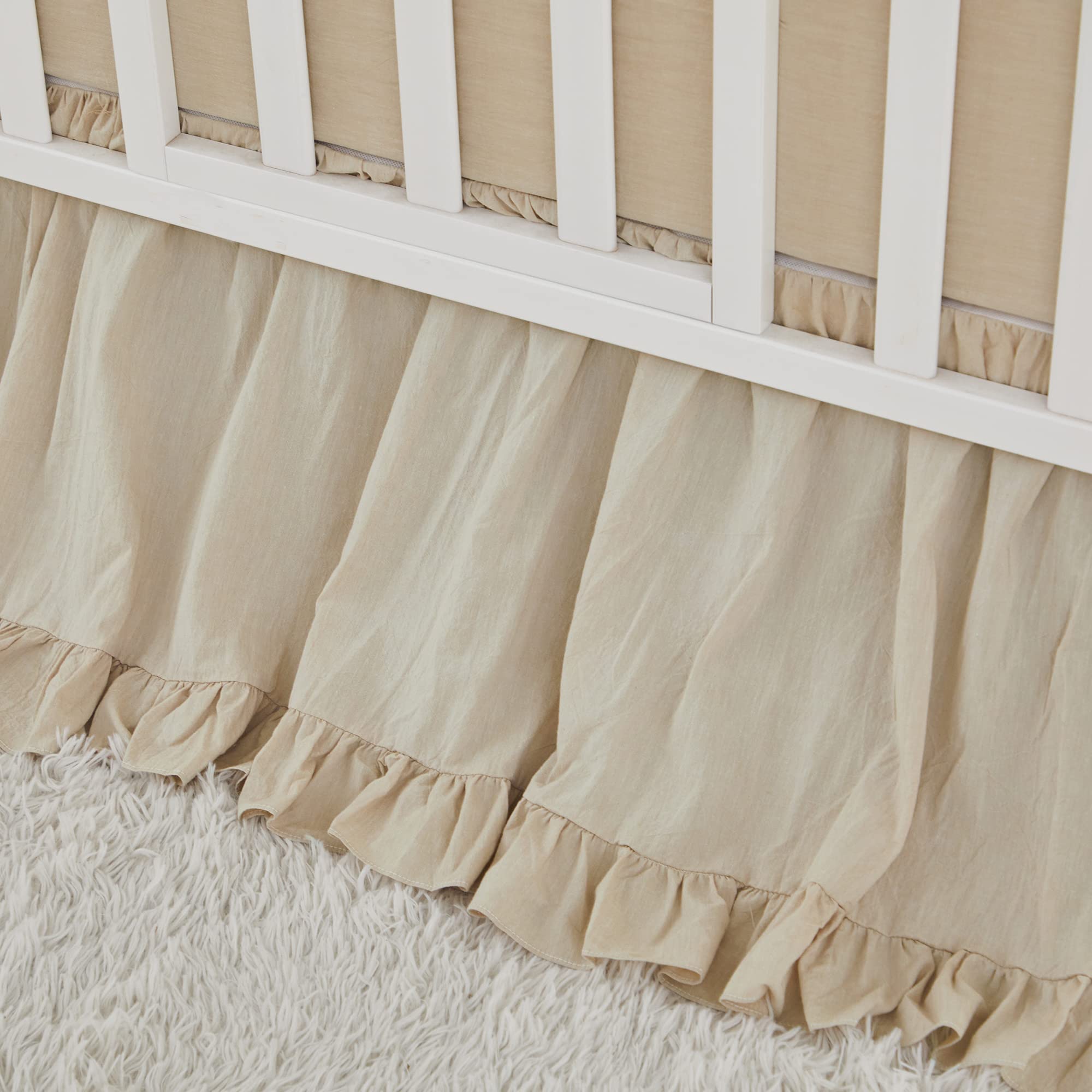 Boho Bohemian Girl Baby Nursery Crib Bed Skirt Dust Ruffle - Neutral Solid Color Beige