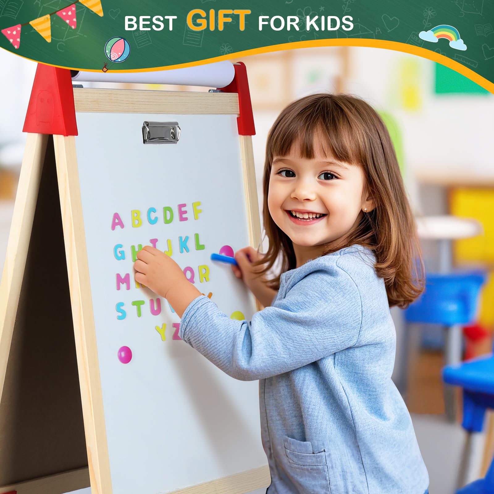 Easel for Kids,3 in 1 Adjustable Kids Art Drawing Easel Set,130+ Art Supplies,Wooden Double Sided Magnetic Chalkboard and White Board with Paper Roll,Painting for Aged 2-4,5-7,8-12