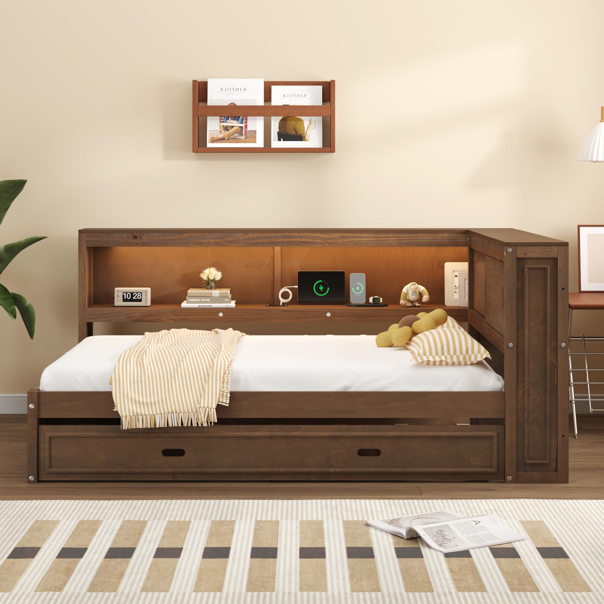 Full Size Wood Daybed with Twin Trundle and Storage Shelves