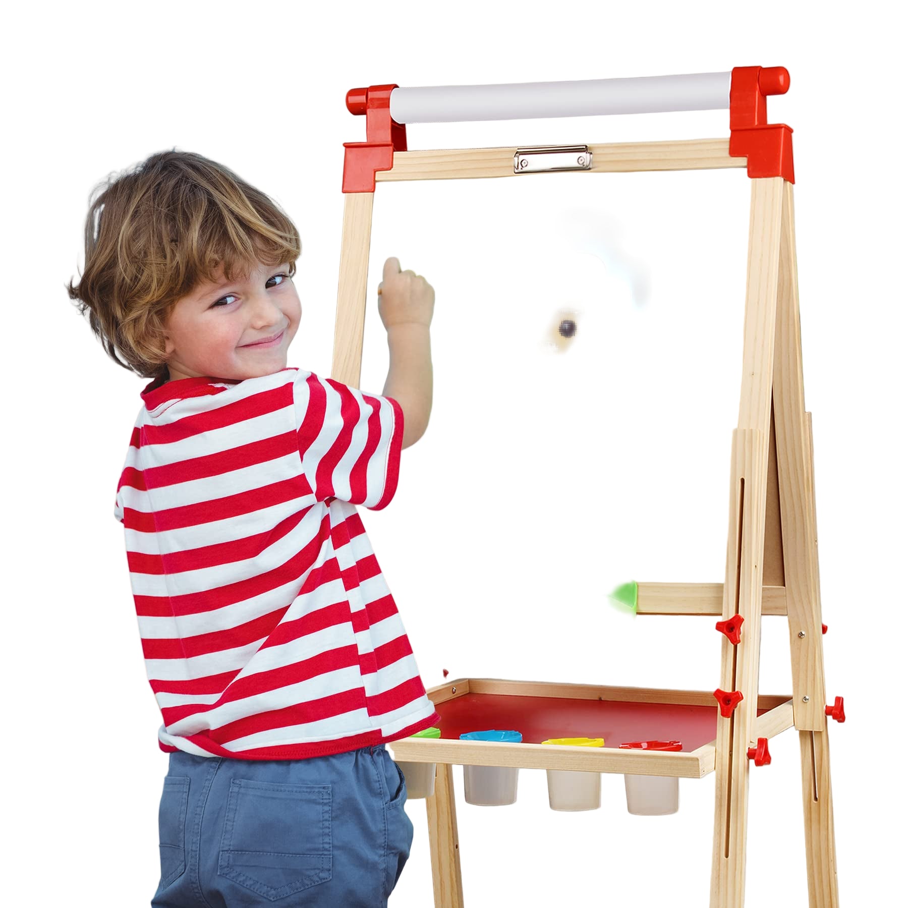 Kids Wooden Easel with Paper Roll - Adjustable Magnetic Double Sided