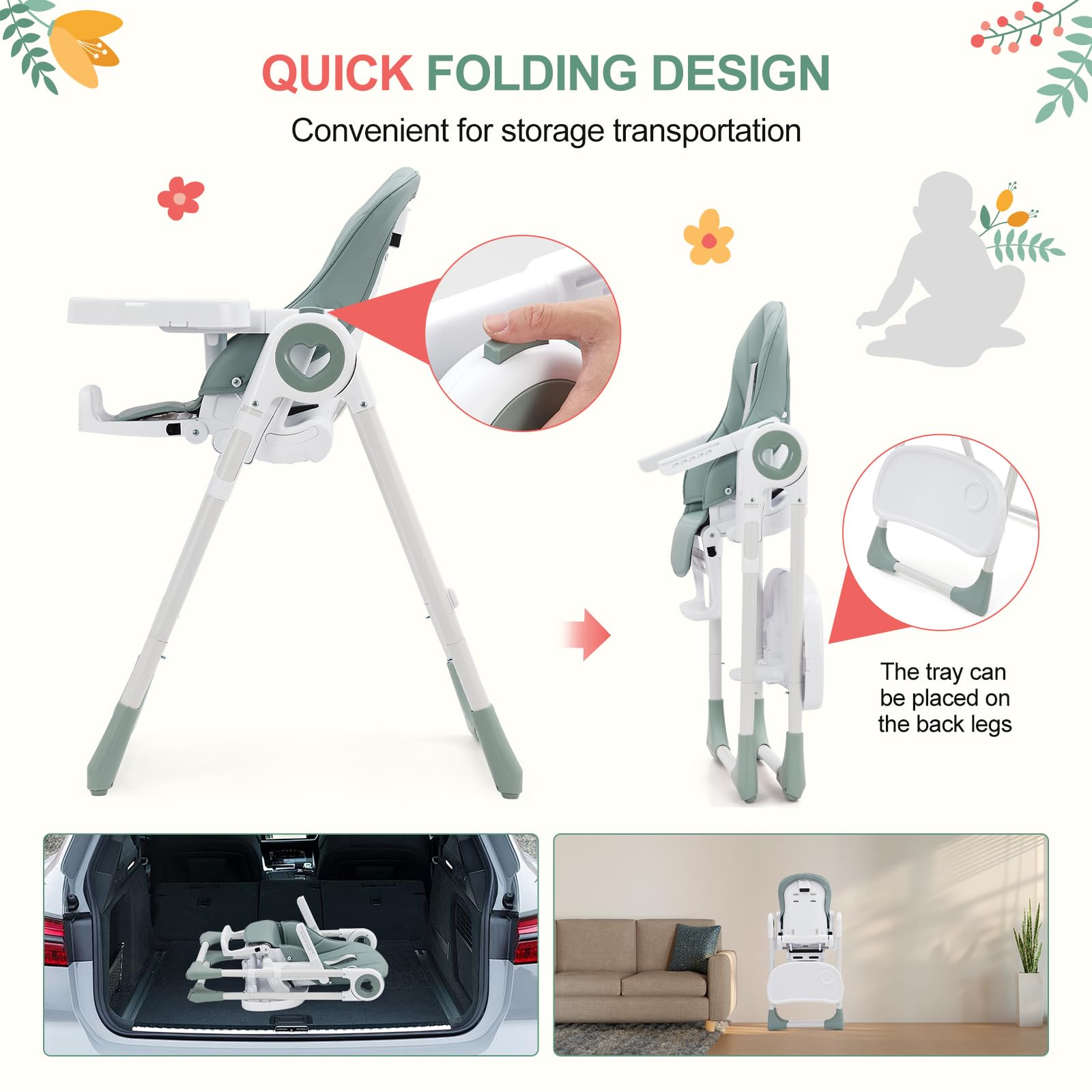 Foldable Baby High Chair with Adjustable Height, 5 Recline Positions